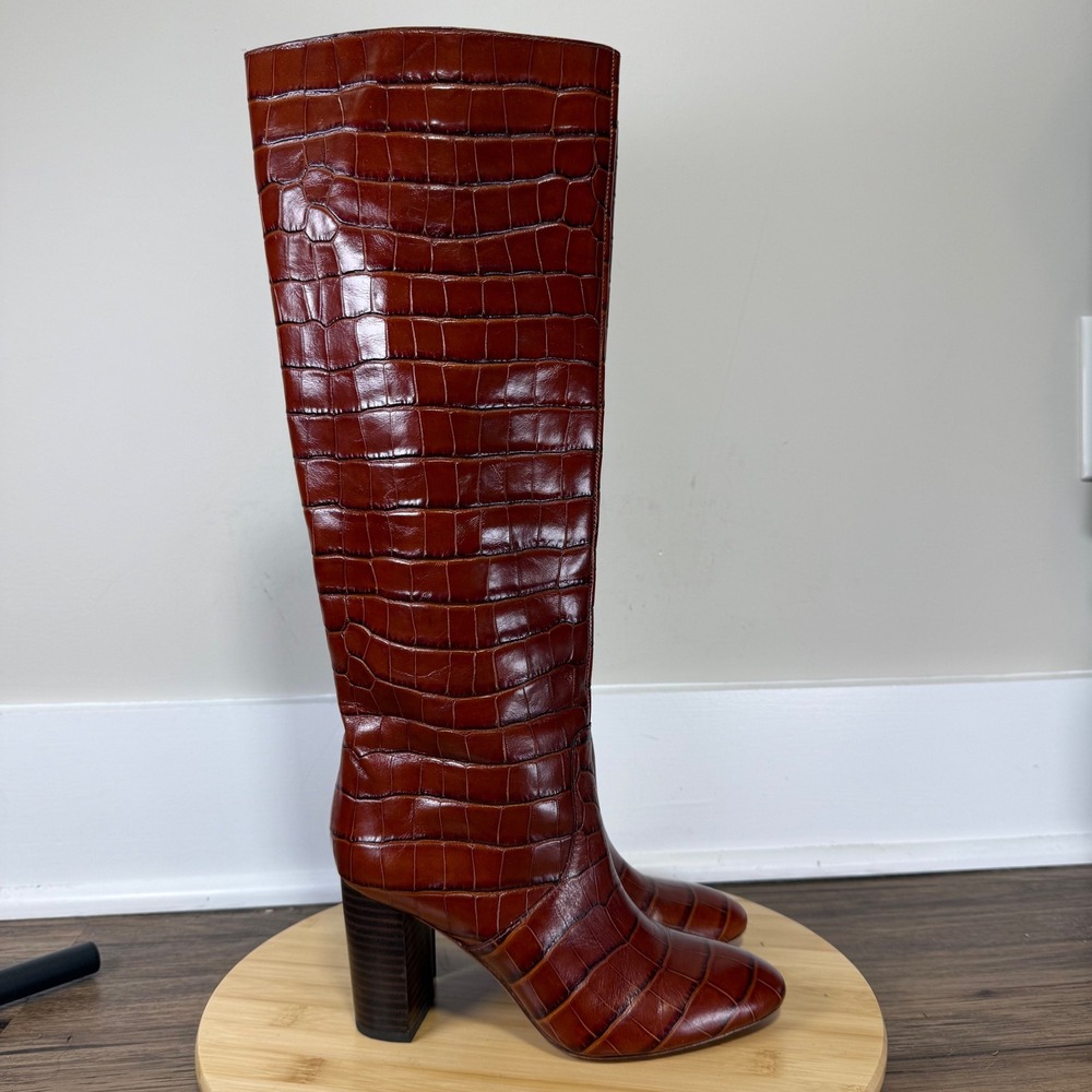 Loeffler Randall Goldy Boots Womens 6B Cognac Brown Croc Embossed Leather Luxury